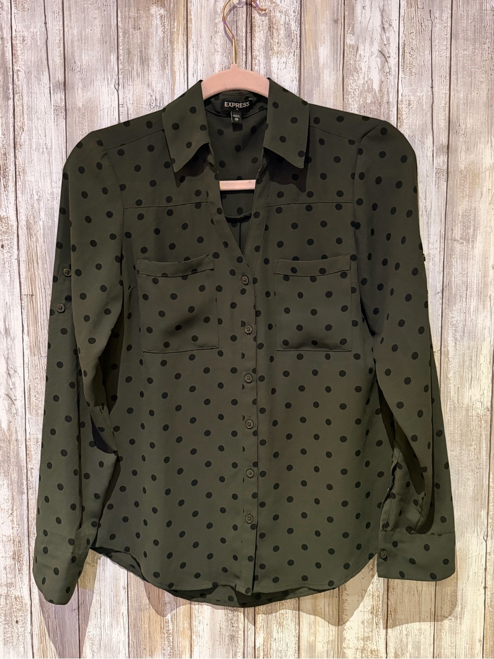 XS Express Olive Green Polka Dot Button-Down Shirt
